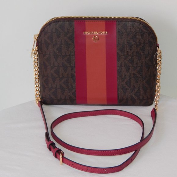 NWT MICHAEL KORS MK MONOGRAM Center Stripe CINDY LG Dome CHAIN XBODY BAG Berry